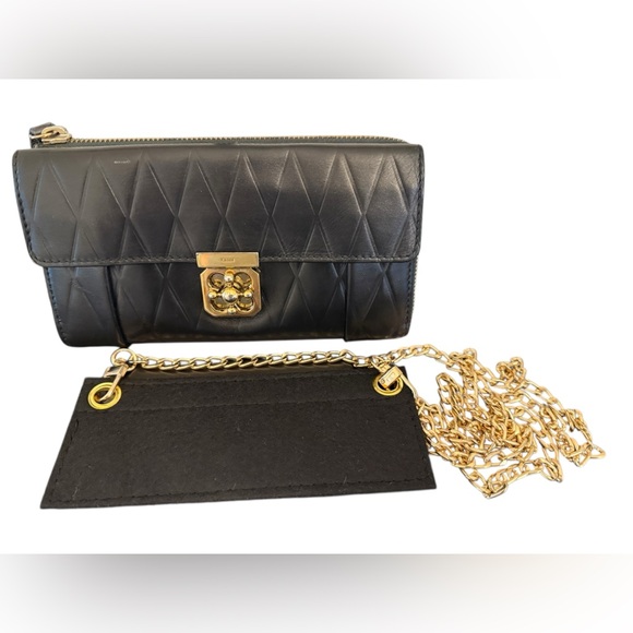 CHLOE Vintage Elise Black Leather Quilted Zip Around Wallet w Unbranded Chain - Picture 1 of 17